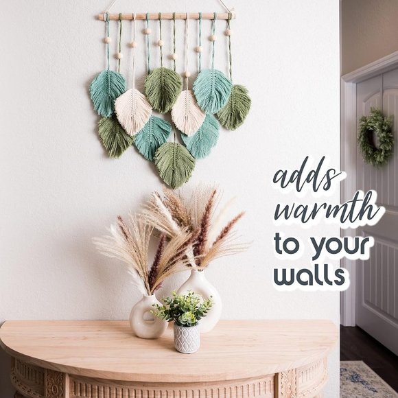 Macrame Boho Indie Farmhouse Teal/Blue/Green/Cream Feather Wood Bead Wall Decor - Picture 4 of 8